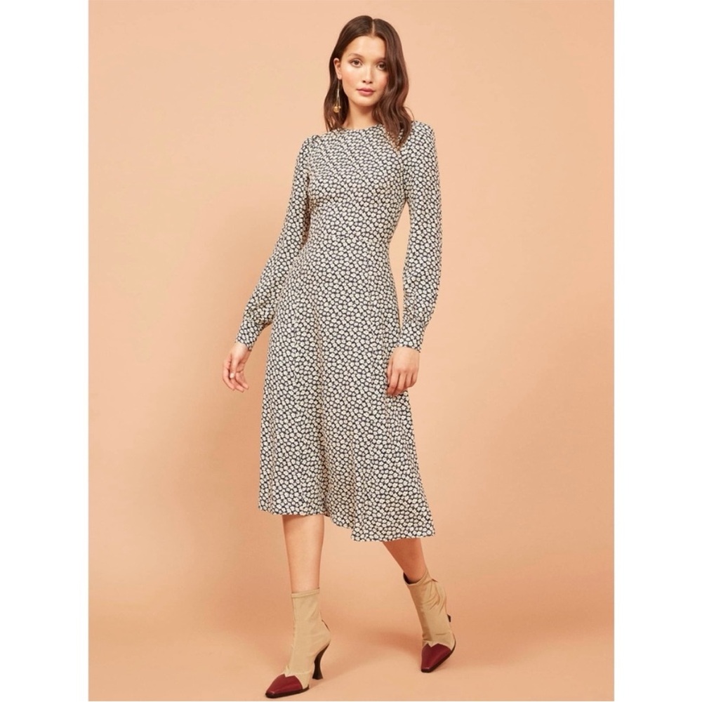 Reformation‎ Josephine Long Sleeve Floral Midi Dress Navy Blue